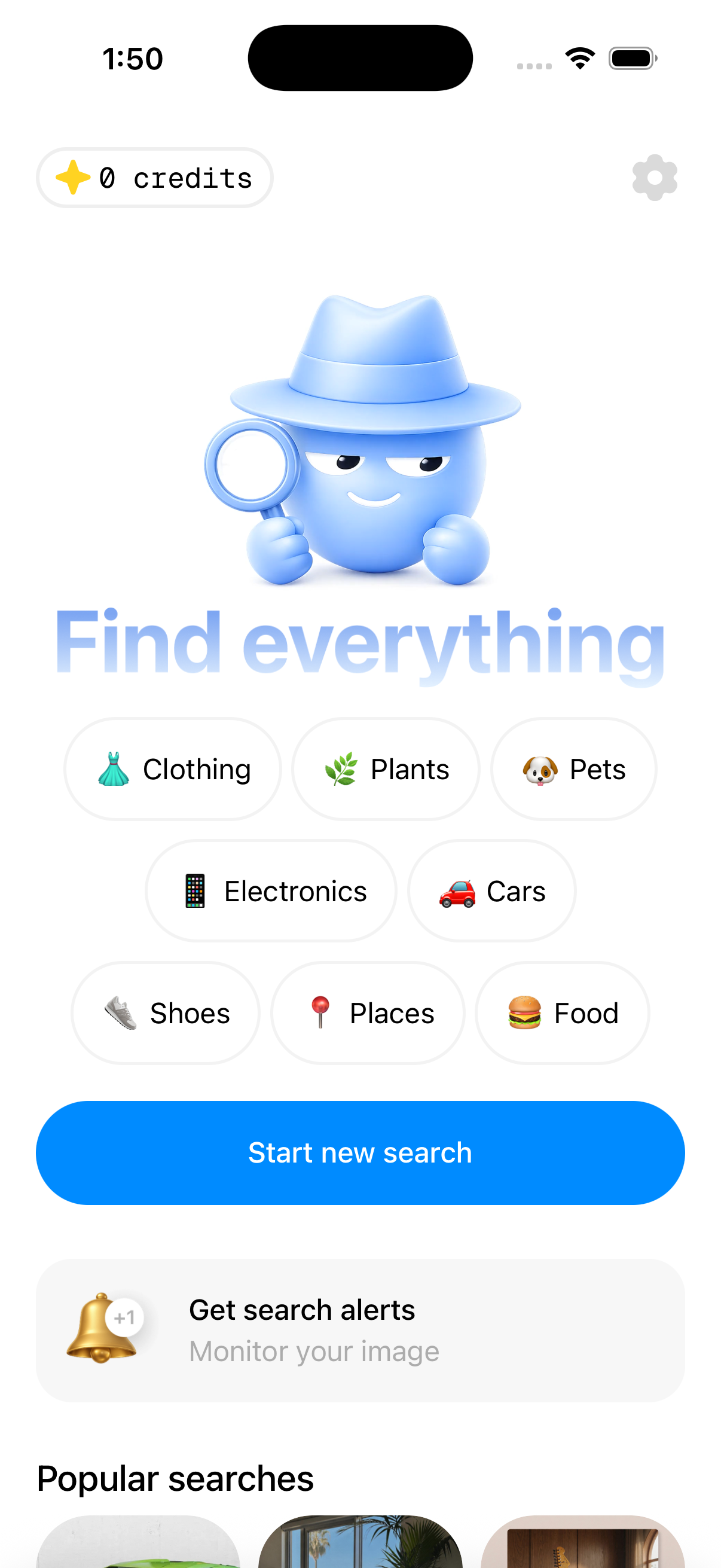 Search app home screen with visual identification categories
